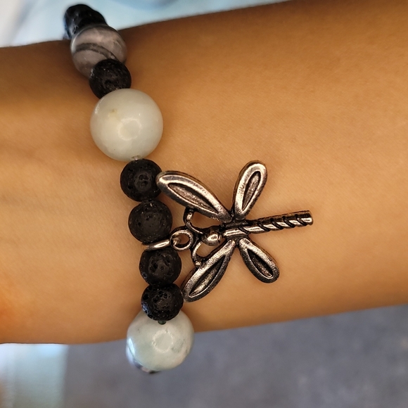 Aventurine & Jasper Stone Handmade Dragonfly Lava Bead Bracelet - Picture 4 of 6